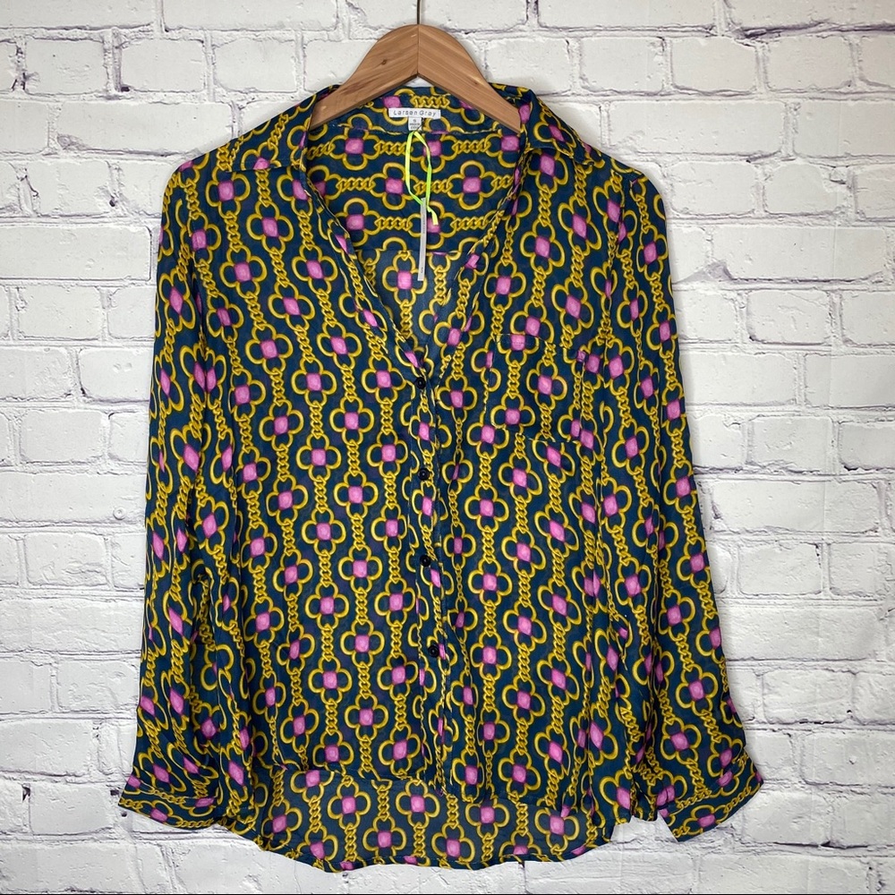 Revolve Larsen Gray Clover Chain Link Printed One Pocket Blouse